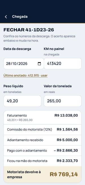 RENGUI App com dados de exemplo, fechamento da viagem: data da descarga, km, peso e valor da tonelada, e o acerto do motorista calculado na hora.