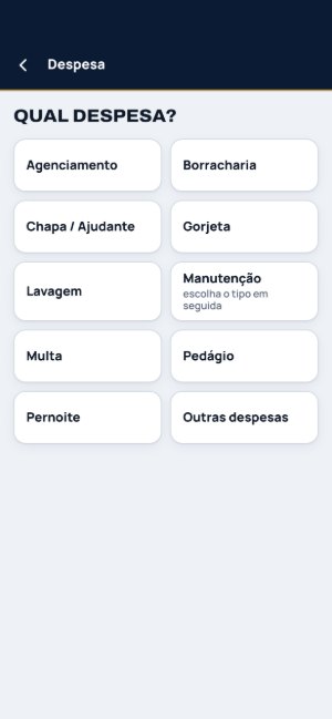 RENGUI App com dados de exemplo, escolha da despesa: agenciamento, borracharia, chapa, gorjeta, lavagem, manutenção, multa, pedágio, pernoite e outras.