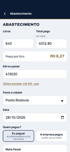 RENGUI App com dados de exemplo, abastecimento: litros, total pago, preço por litro calculado, km no painel, posto, data e quem pagou.