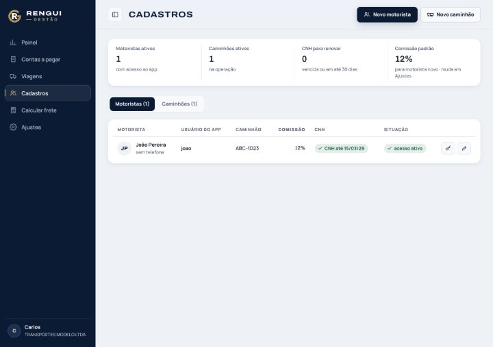 Cadastros da RENGUI Gestão com dados de exemplo: motorista com usuário do app, caminhão, comissão, validade da CNH e acesso ativo.