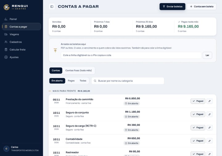 Contas a pagar da RENGUI Gestão com dados de exemplo: resumo dos vencimentos, área para enviar boletos e a lista das próximas contas.